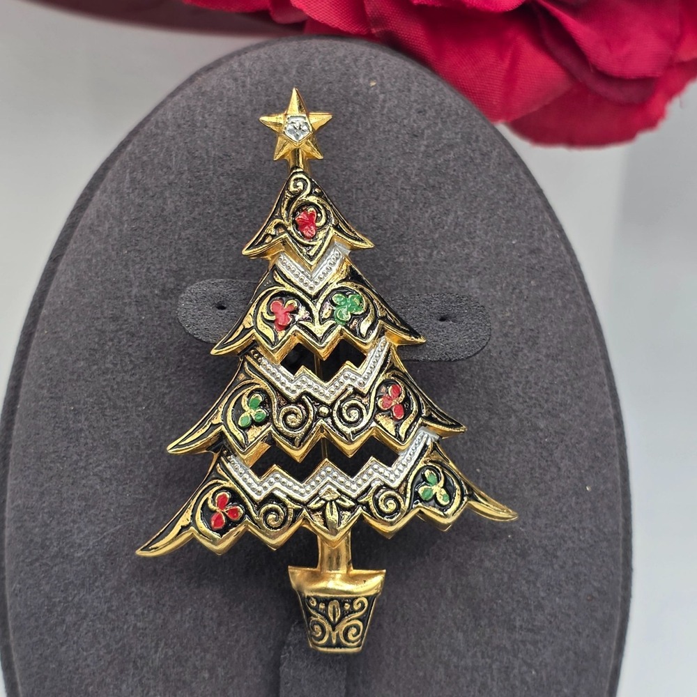 Vintage Spain‎ Enamel Christmas Tree Brooch Gold Tone Festive Holiday Jewelry